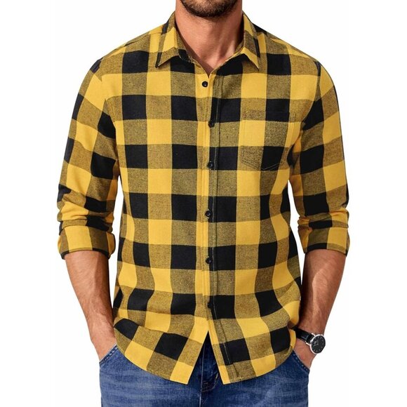 Buffalo Black Yellow Men Flannel Long Sleeve Plaid Button Up Shirt Jacket - Picture 1 of 7